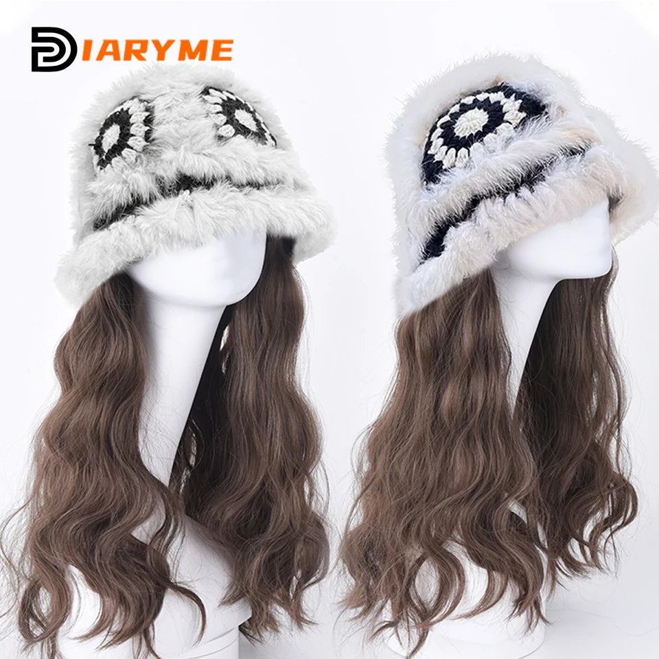 Synthetic Knitted Hat Wig Beanies Hat With Hair Wig