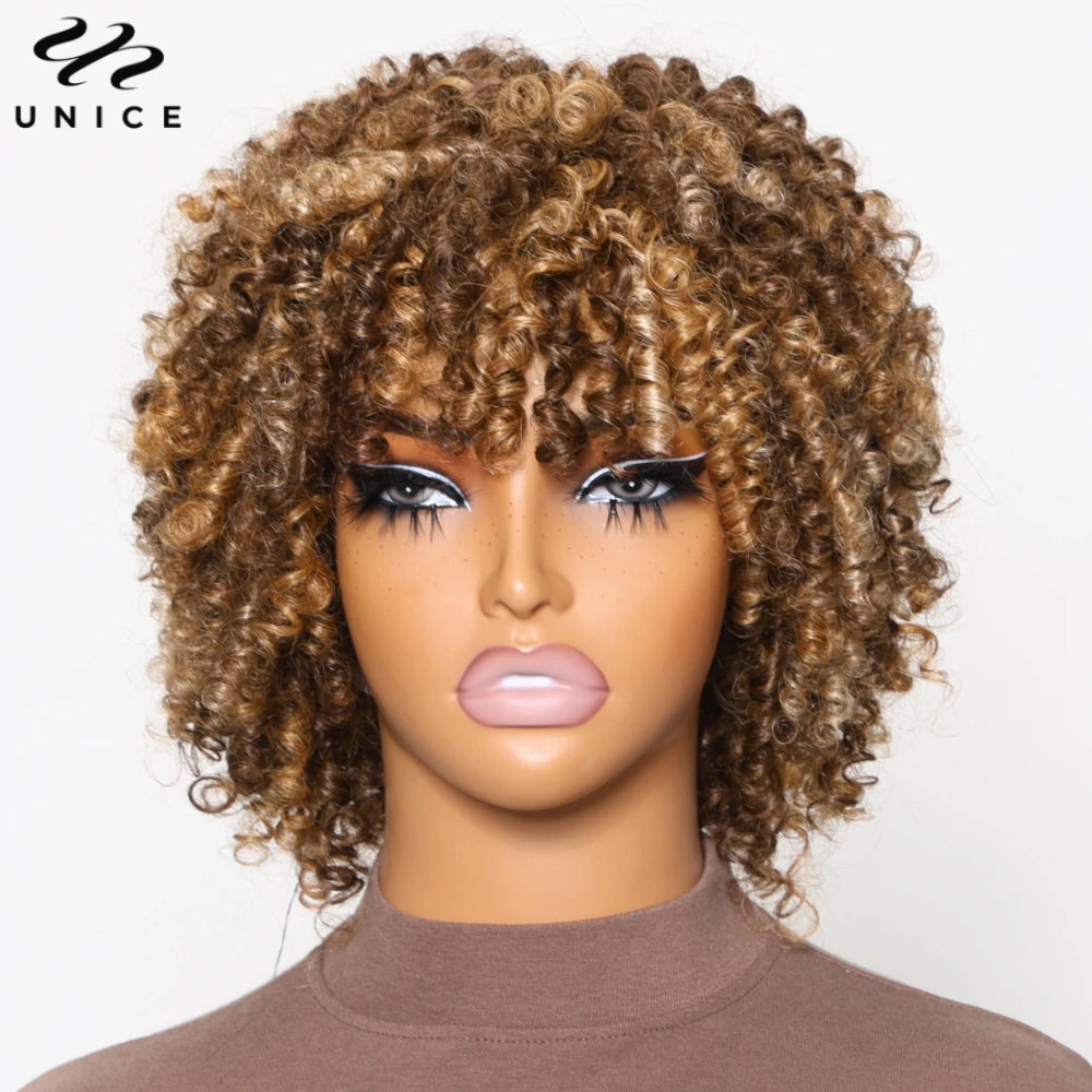 Blonde Highlight Kinky Curly Wig With Bangs 100% Human Hair Short Bob Wigs Full Machine Made Afro Wig150% Density