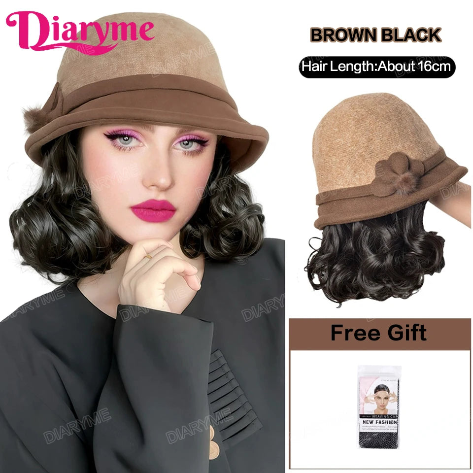 Hat Wig Women's Fashion Synthetic One-piece Bow Fisherman's Hat Wig Lazy Thick Warm Wool Short Curly Hair With Hat For Women Mom