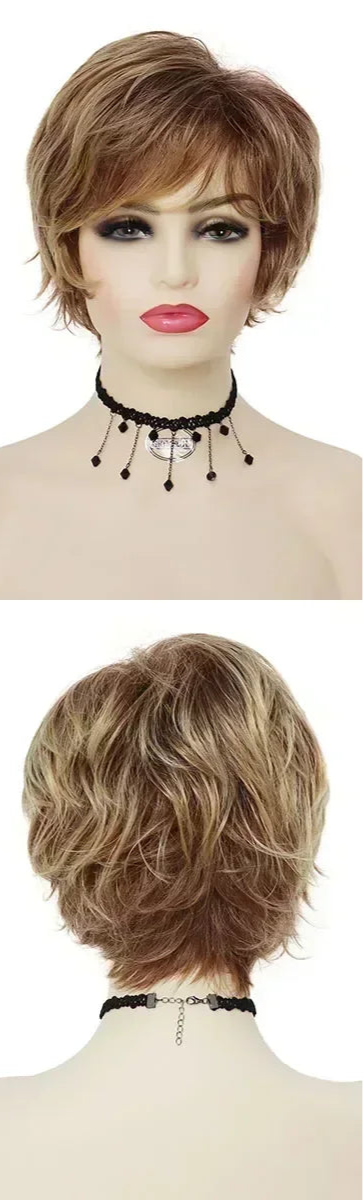 Mix Brown Hair Short Curly Wig with Bangs