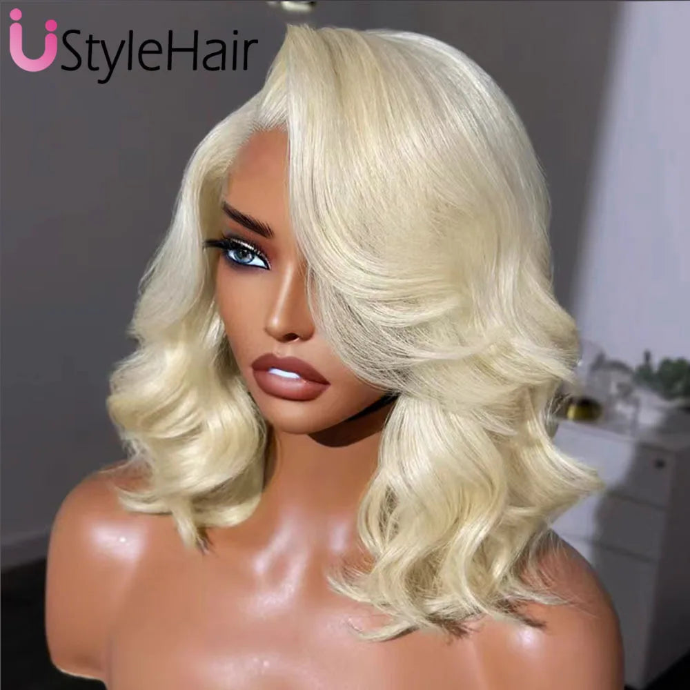 UStyleHair 613 Blonde Bob Lace Hair Lace Front Short Wave Wig Side Part Synthetic Front Wig Heat Resistant Synthetic Hair Daily