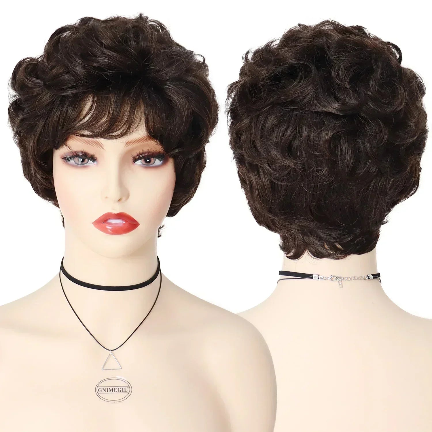 Mix Brown Hair Short Curly Wig with Bangs