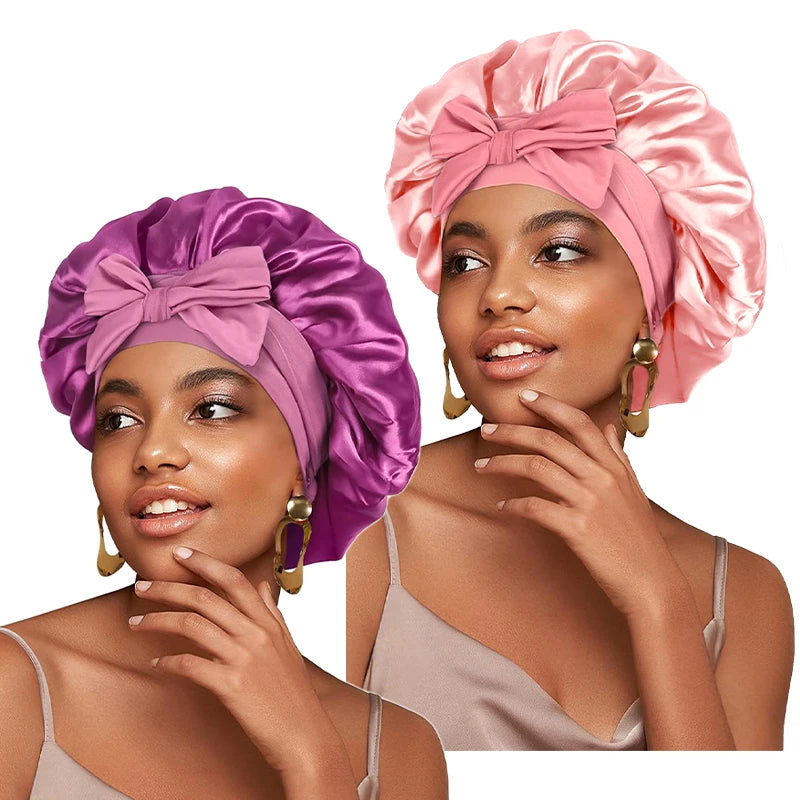 New Satin Solid Sleeping Bonnet With Stretchy Tie Band Elastic