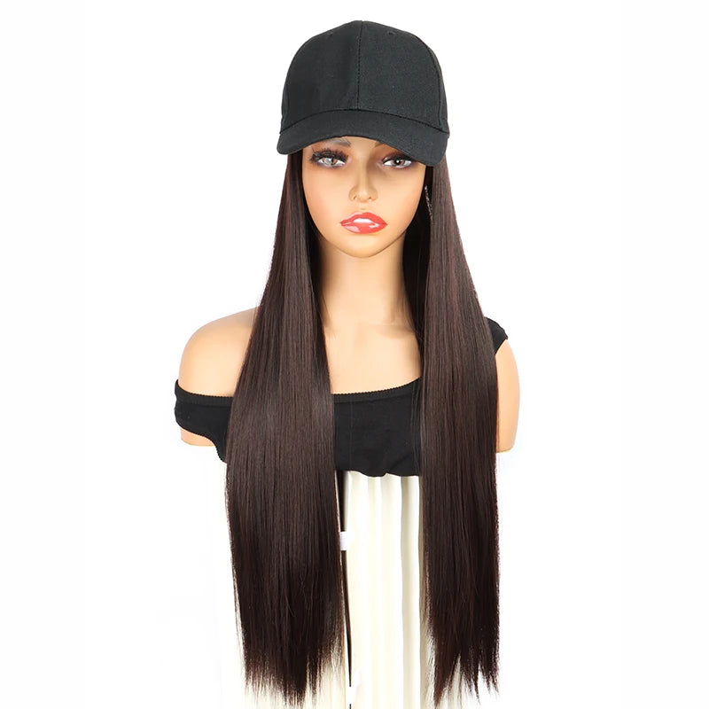 24Inch Synthetic Long Straight Baseball Hat Adjustable Wig Black Brown Hairpiece for Women