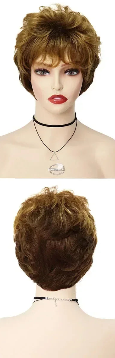 Mix Brown Hair Short Curly Wig with Bangs