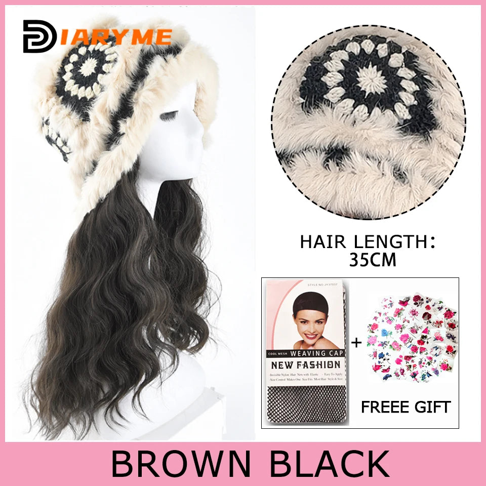 Synthetic Knitted Hat Wig Beanies Hat With Hair Wig