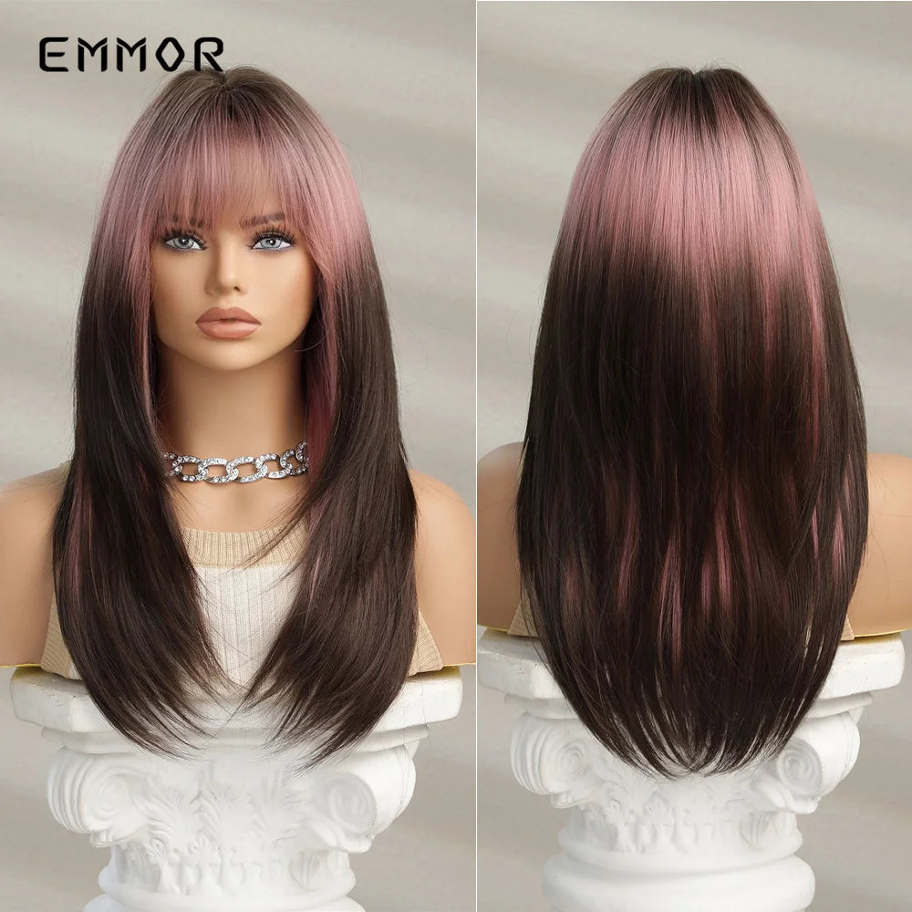 Emmor Synthetic Wigs Ombre Pink Brown Wig With Bangs Layered Hair Cosplay Daily Party Natural Heat Resistant Wigs for Women