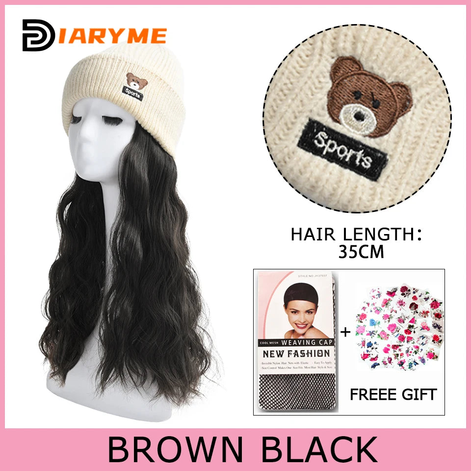 Synthetic Knitted Hat Wig Beanies Hat With Hair Wig