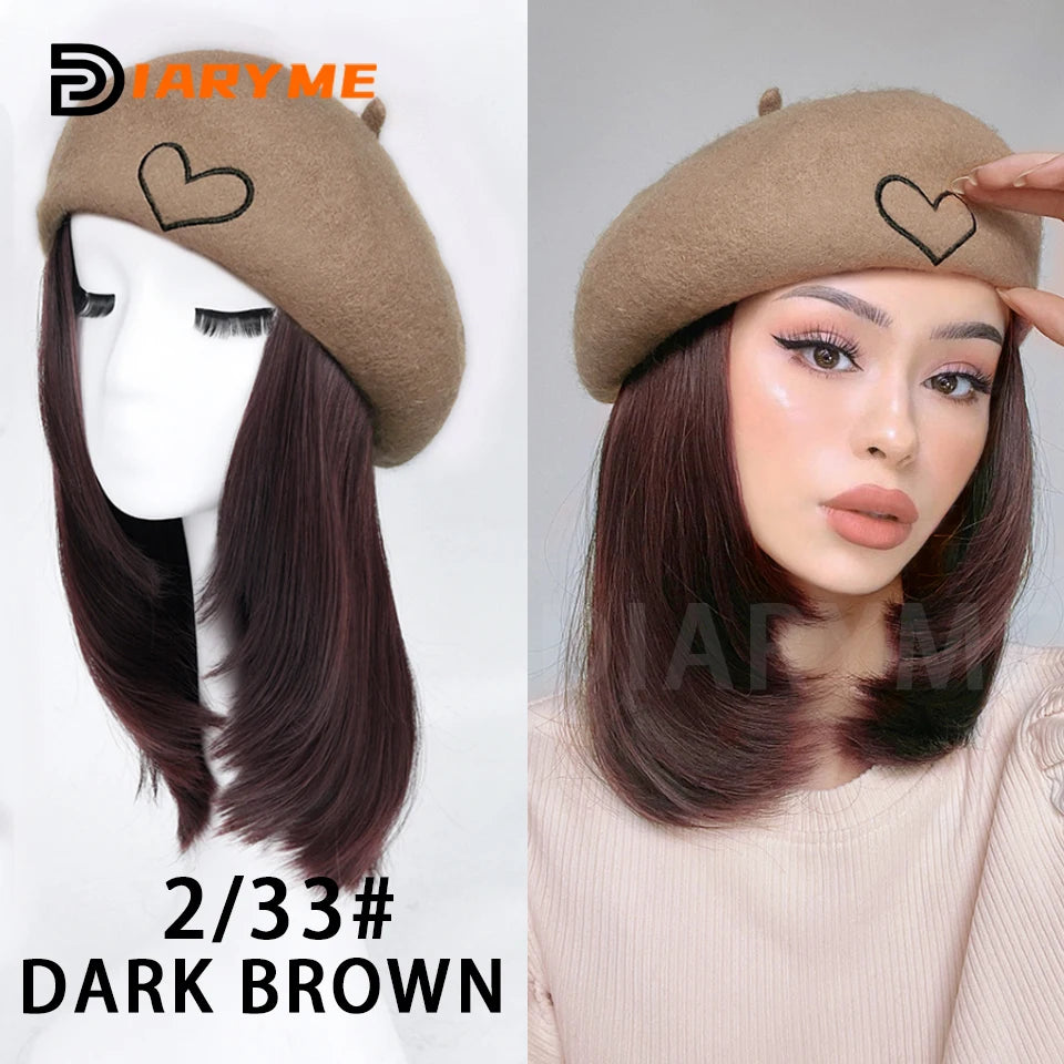 Straight Bob Hair Wig With Cap Beret Hat Wigs