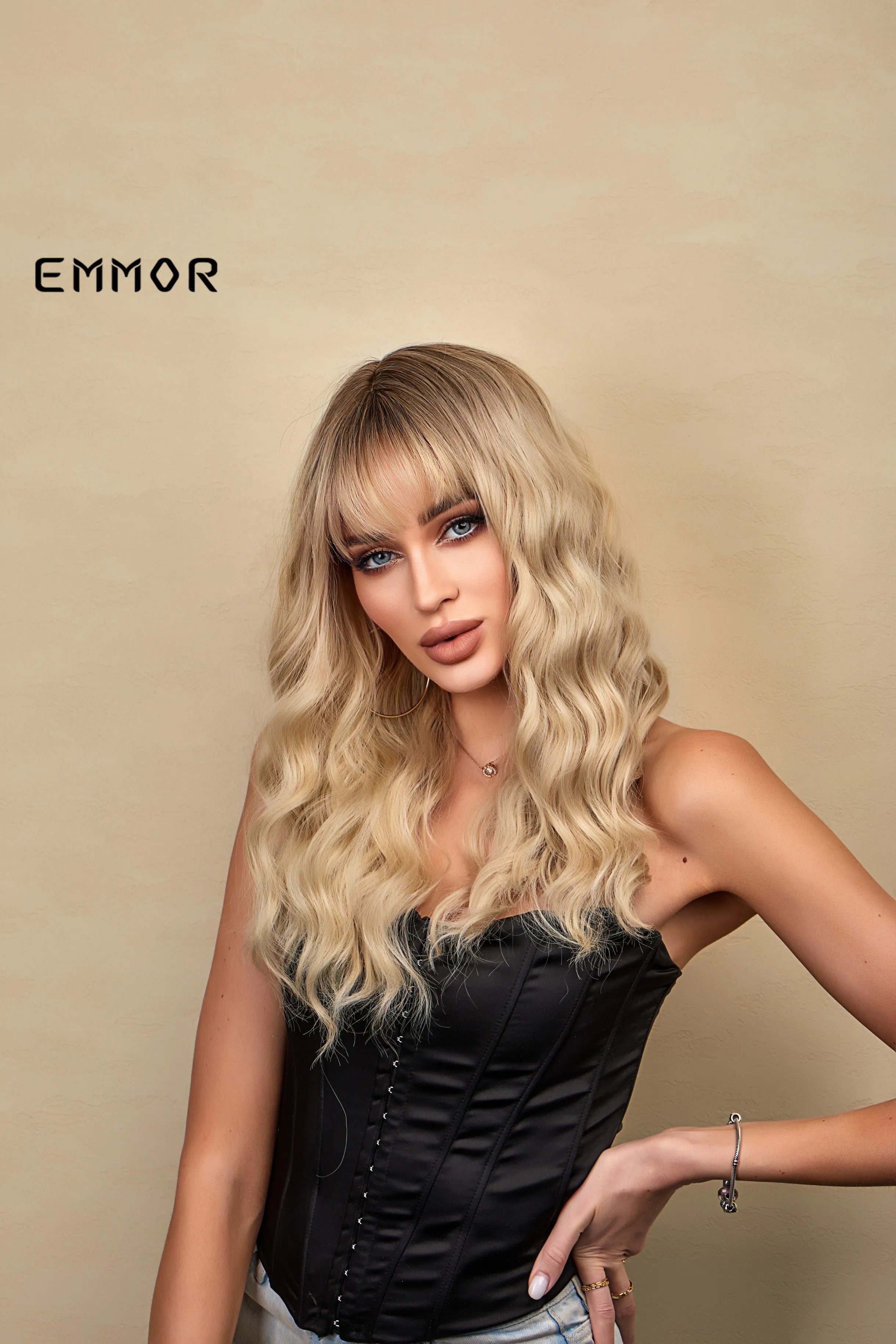 Ombre brown to Light Blonde Hair Wig with Bangs