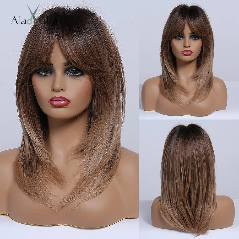 Blonde Layered Synthetic Wigs with Bangs Straight Short Highlights  Wig