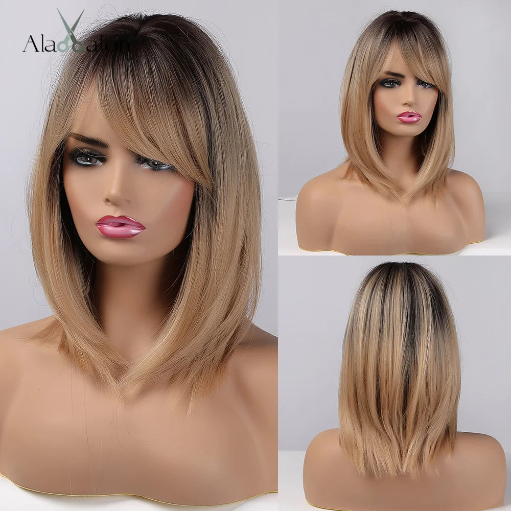 Blonde Layered Synthetic Wigs with Bangs Straight Short Highlights  Wig