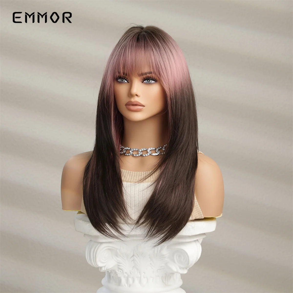 Emmor Synthetic Wigs Ombre Pink Brown Wig With Bangs Layered Hair Cosplay Daily Party Natural Heat Resistant Wigs for Women