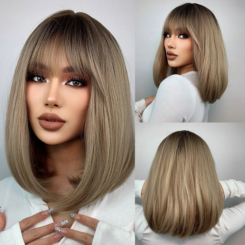 Blonde Layered Synthetic Wigs with Bangs Straight Short Highlights  Wig
