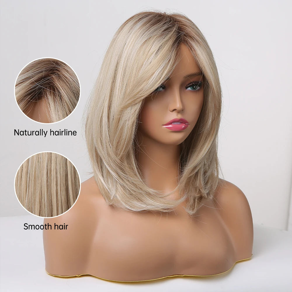 Blonde Layered Synthetic Wigs with Bangs Straight Short Highlights  Wig