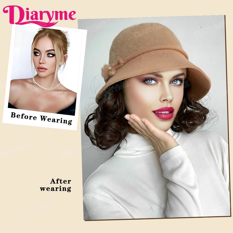 Synthetic Hat wig Fashion Autumn And Winter Fisherman's Hat With Lazy roll foreign style Short Curly Hair Warm Basin Hat Wig Mom