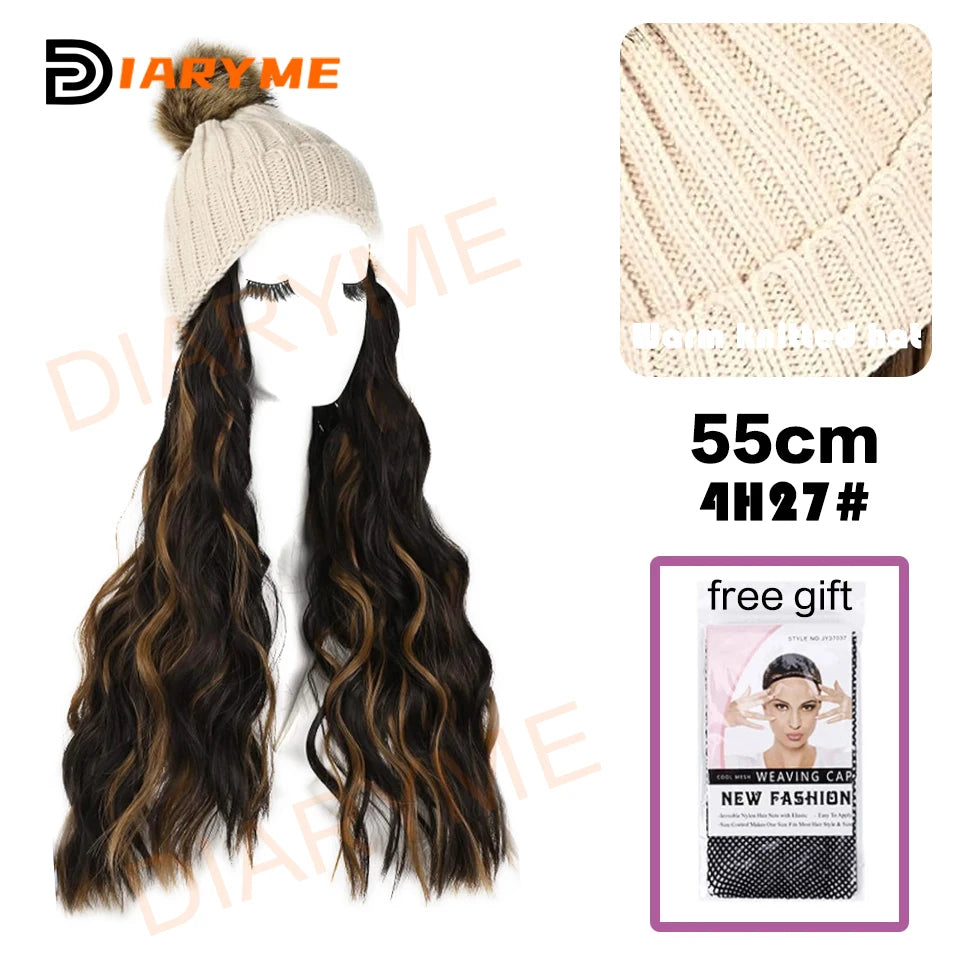 Knitted Beanie Hat Wig Synthetic Long Wavy Hair Extension Red Knitted Hat  Attached Hairpiece for Women Girls Winter warm Fake H