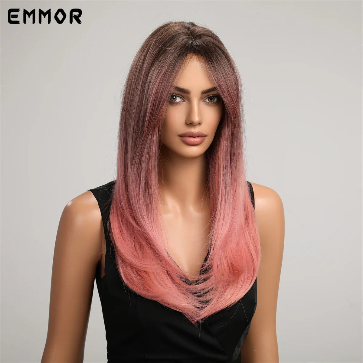 Ombre Black Pink Wig With Bangs