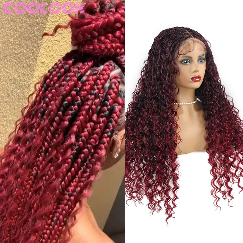 Black Full Lace 24 Inch Braided Wigs Bohemia Box Braids Synthetic Lace Frontal Wigs Deep Wave Goddess Braids Wig with Curly Ends