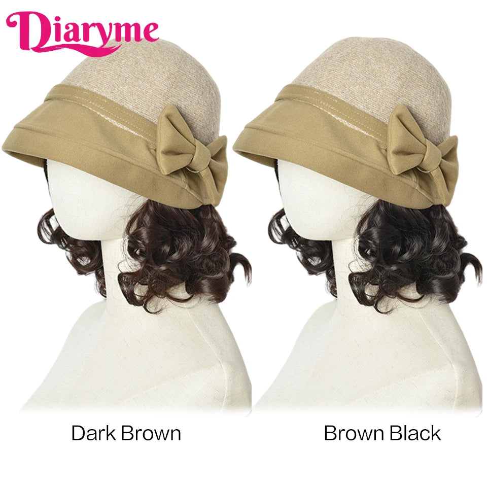Hat Wig Women's Fashion Synthetic One-piece Bow Fisherman's Hat Wig Lazy Thick Warm Wool Short Curly Hair With Hat For Women Mom