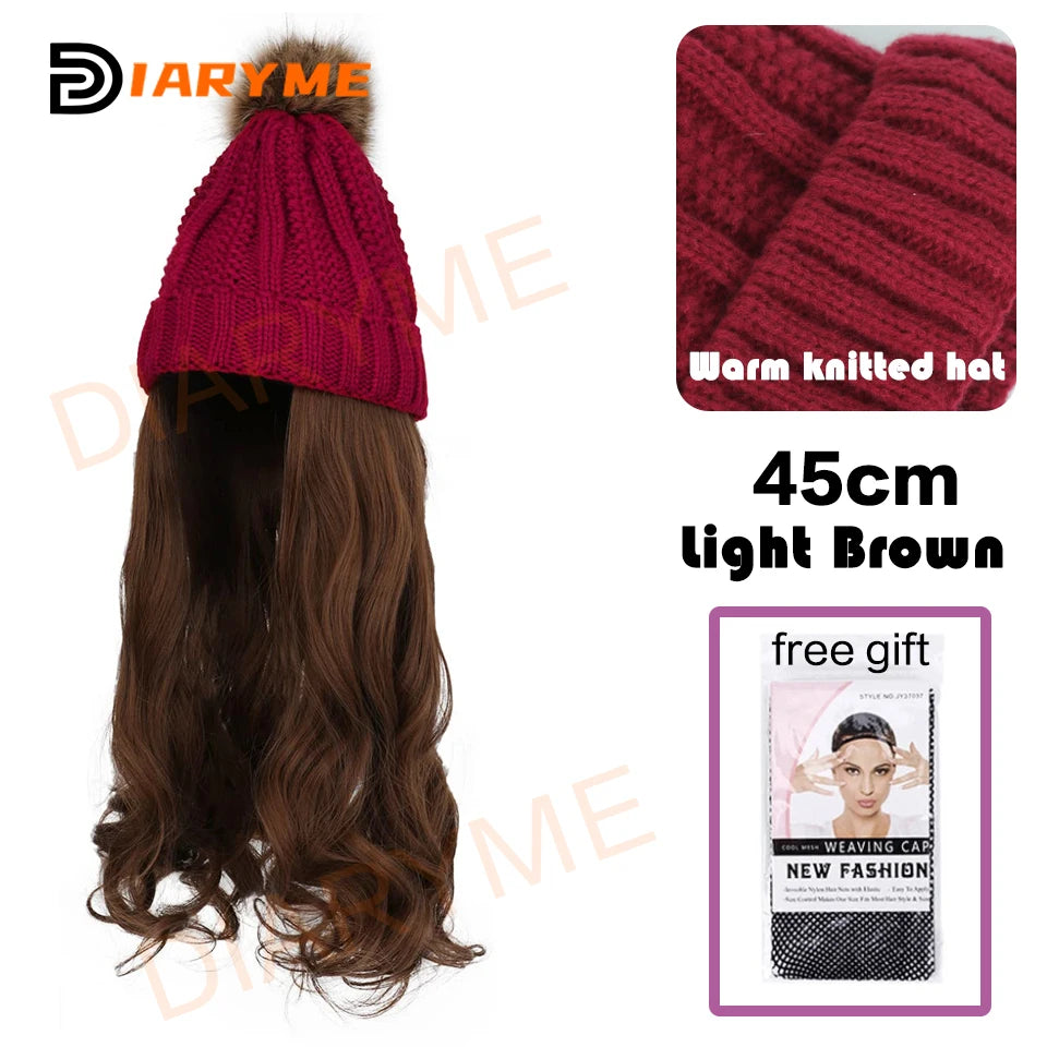 Knitted Beanie Hat Wig Synthetic Long Wavy Hair Extension Red Knitted Hat  Attached Hairpiece for Women Girls Winter warm Fake H