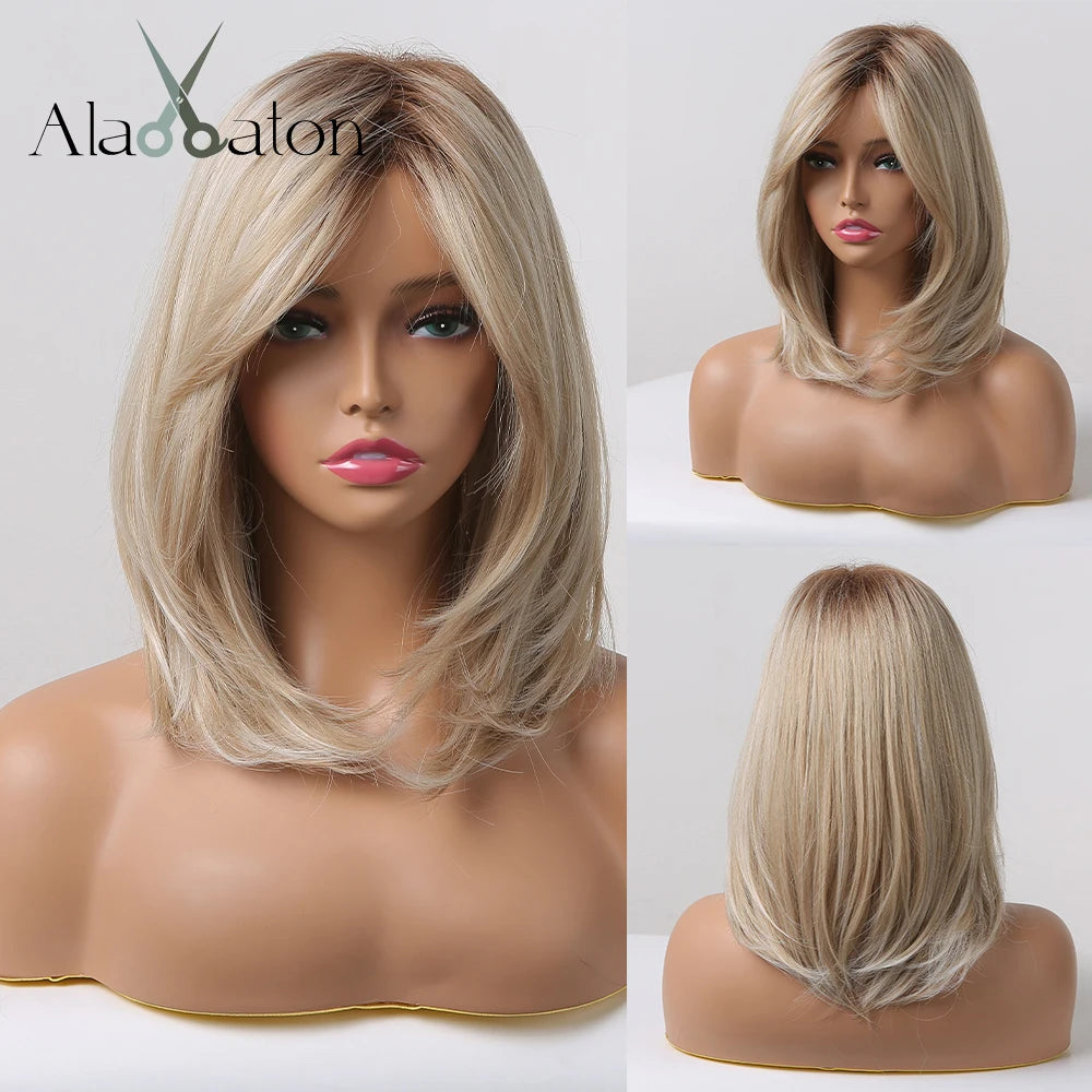 Blonde Layered Synthetic Wigs with Bangs Straight Short Highlights  Wig
