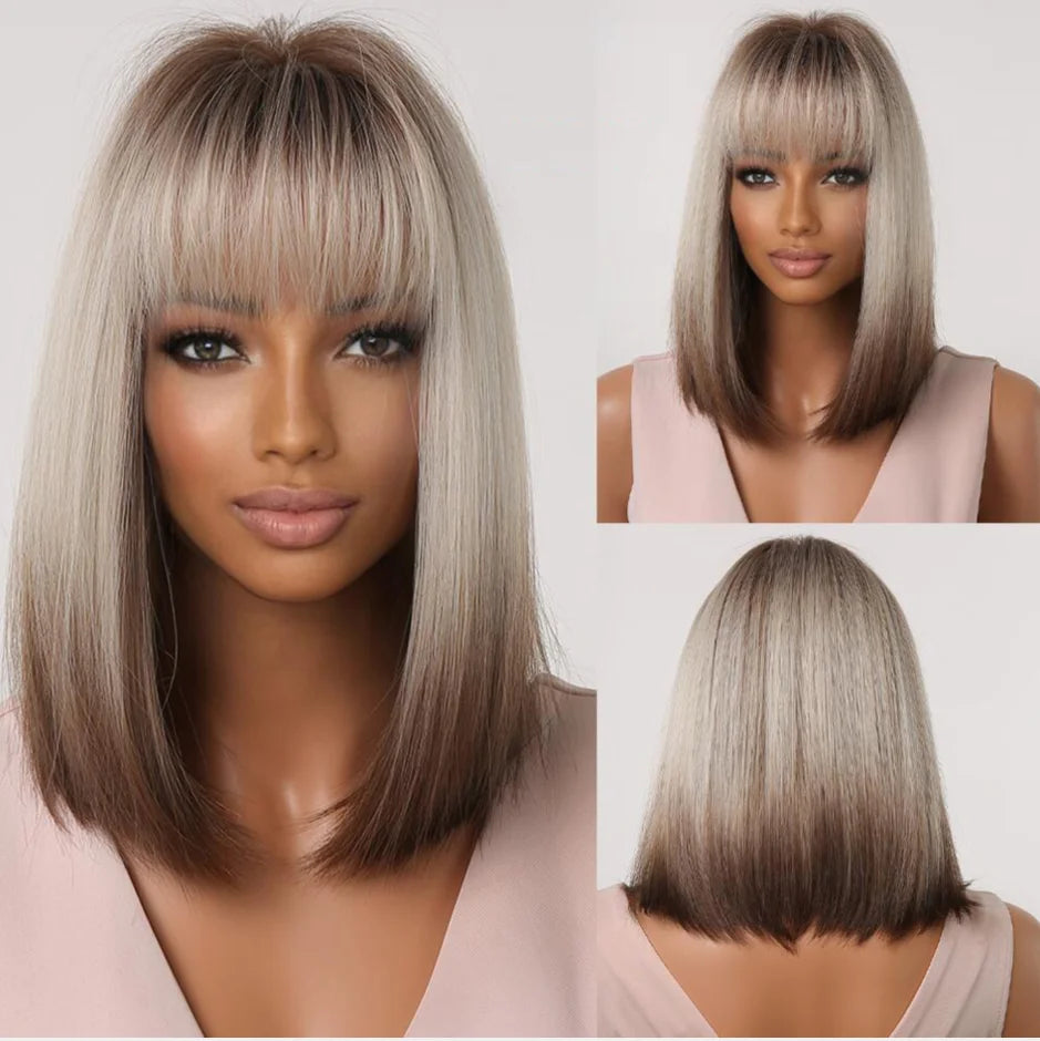 Blonde Layered Synthetic Wigs with Bangs Straight Short Highlights  Wig