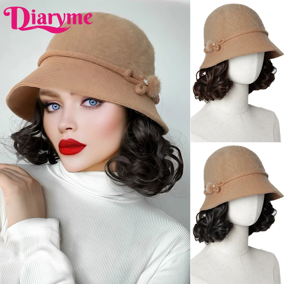 Hat Wig Women's Fashion Synthetic One-piece Bow Fisherman's Hat Wig Lazy Thick Warm Wool Short Curly Hair With Hat For Women Mom