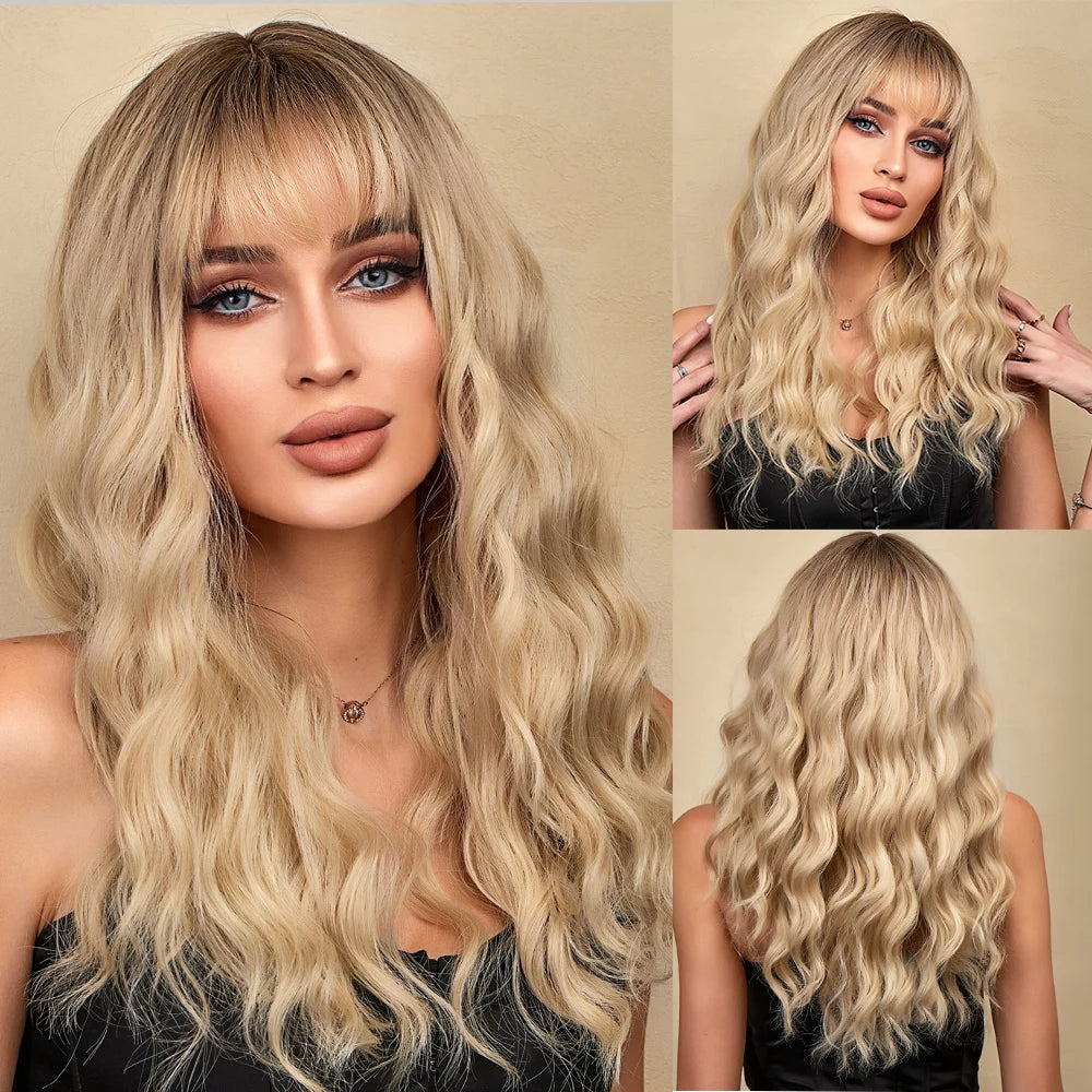 Ombre brown to Light Blonde Hair Wig with Bangs