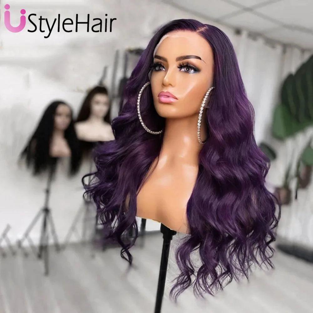 UStyleHair Dark Purple Wig  Lace Front Synthetic Long Boay Wave Wig Heat Resistant Natural Hairline Daily Use Purple Lace Wig