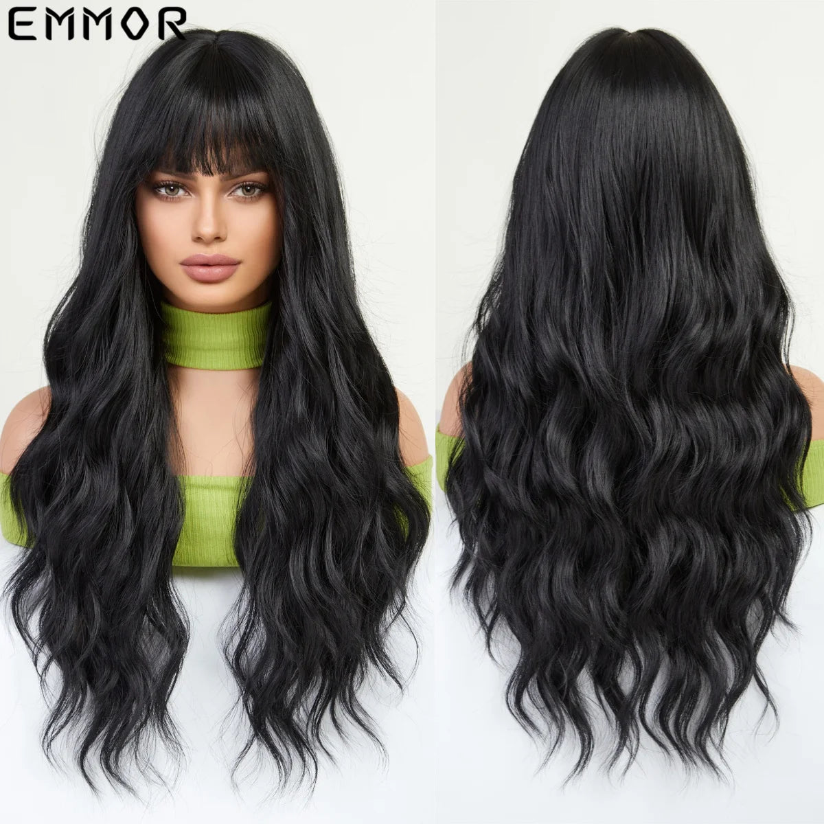 Emmor Synthetic Colorful Long Wavy Wig with Bangs for Women Cosplay Natural Highlight Brown Hair Wig High Temperature Fiber Hair