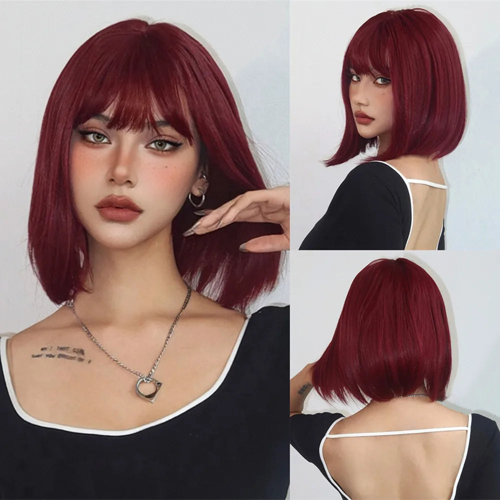 Blonde Layered Synthetic Wigs with Bangs Straight Short Highlights  Wig