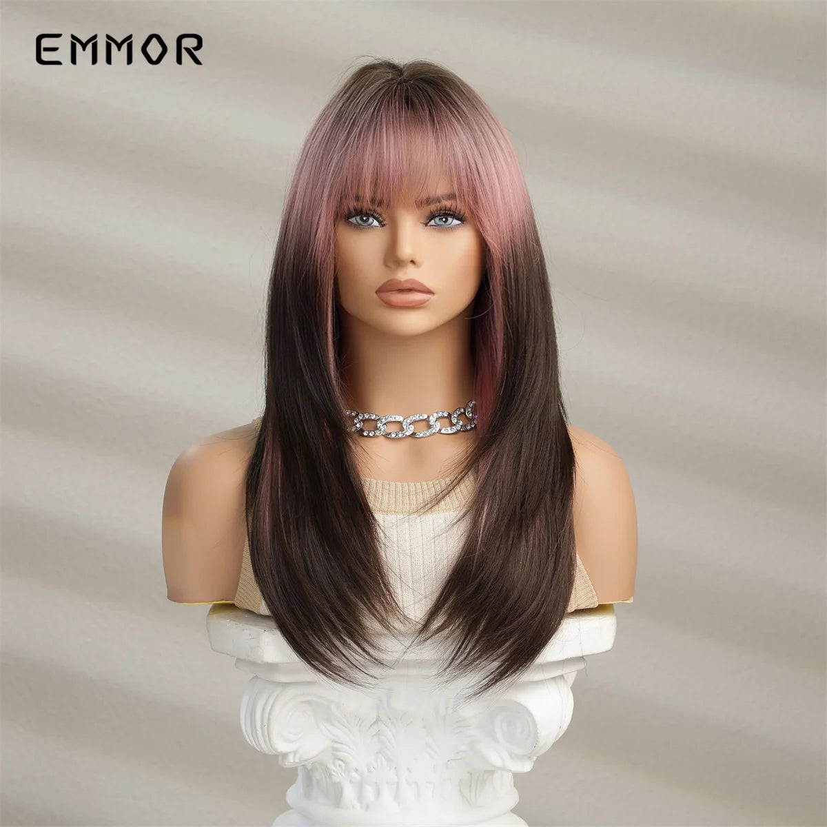 Emmor Synthetic Wigs Ombre Pink Brown Wig With Bangs Layered Hair Cosplay Daily Party Natural Heat Resistant Wigs for Women