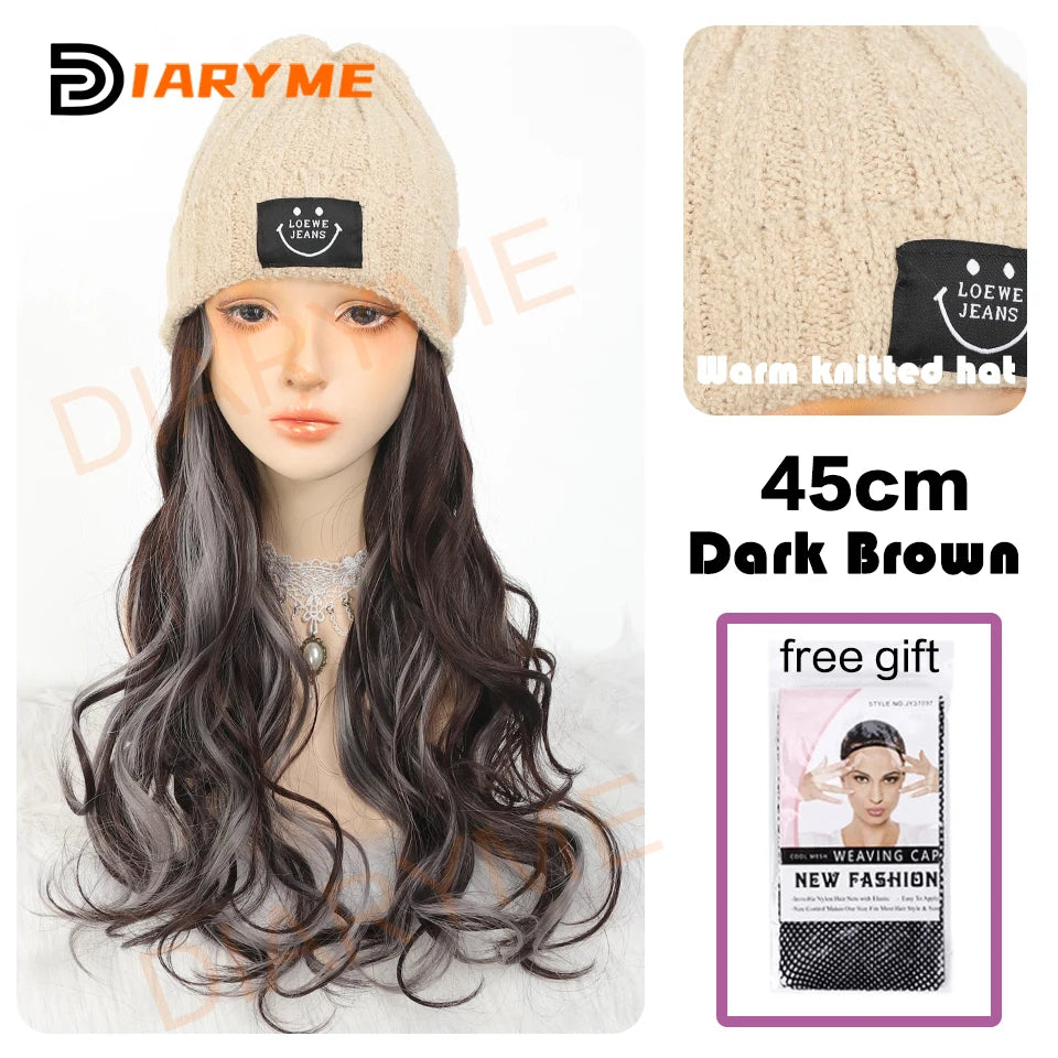 Beanie Hat Wig Knit Hat with Hair for Women Girls Synthetic Long Wavy Hair Extension for Winter Hairpieces Attached Knitted Hat
