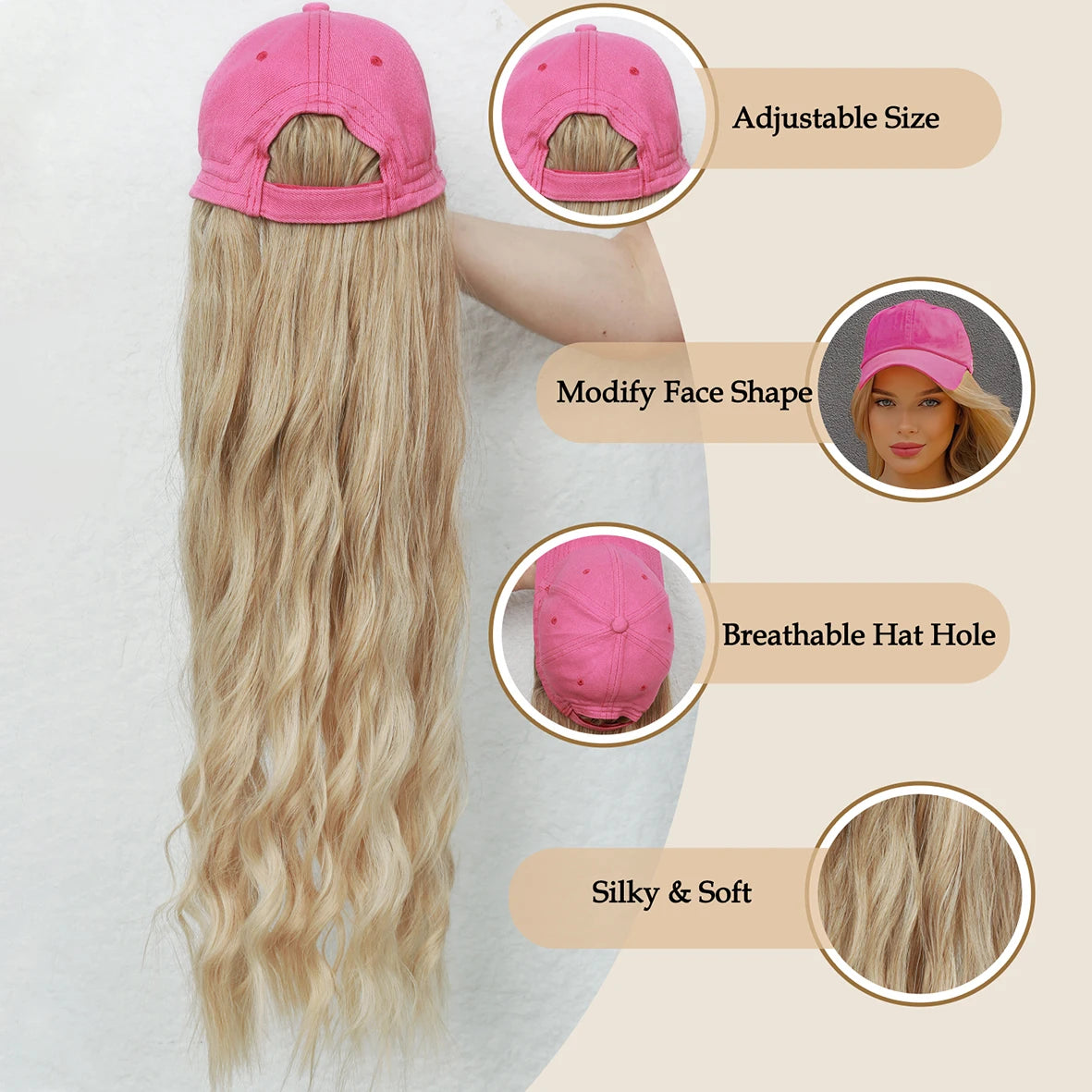 Hat Wig for Women Long Wave Baseball Cap Wig with Wavy Hair Extensions Synthetic Wavy Wig Hat
