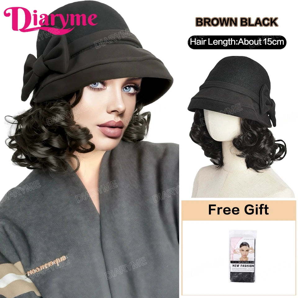 Hat Wig Women's Fashion Synthetic One-piece Bow Fisherman's Hat Wig Lazy Thick Warm Wool Short Curly Hair With Hat For Women Mom