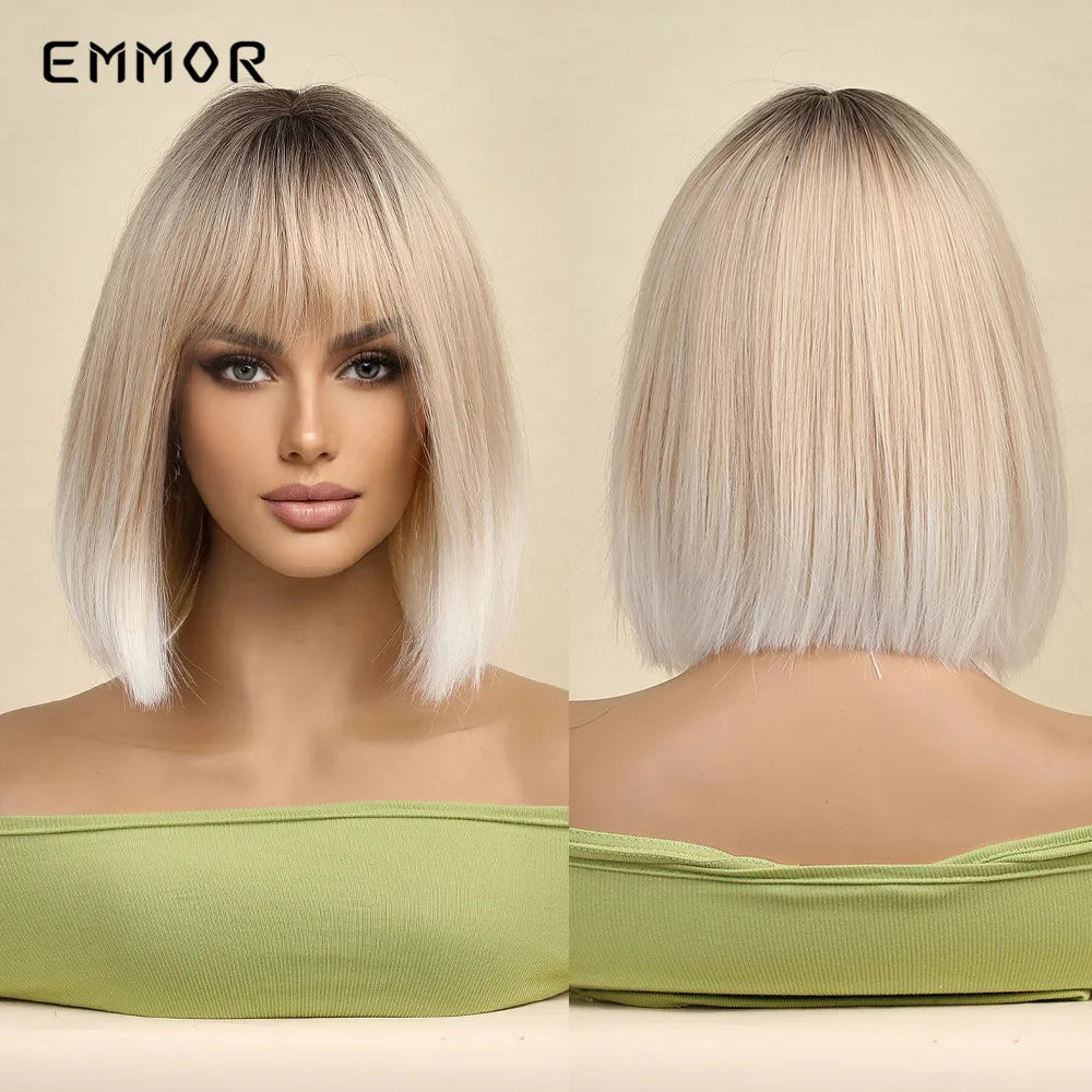 Ombre brown to Light Blonde Hair Wig with Bangs