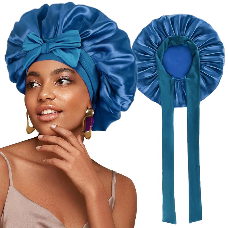 New Satin Solid Sleeping Bonnet With Stretchy Tie Band Elastic