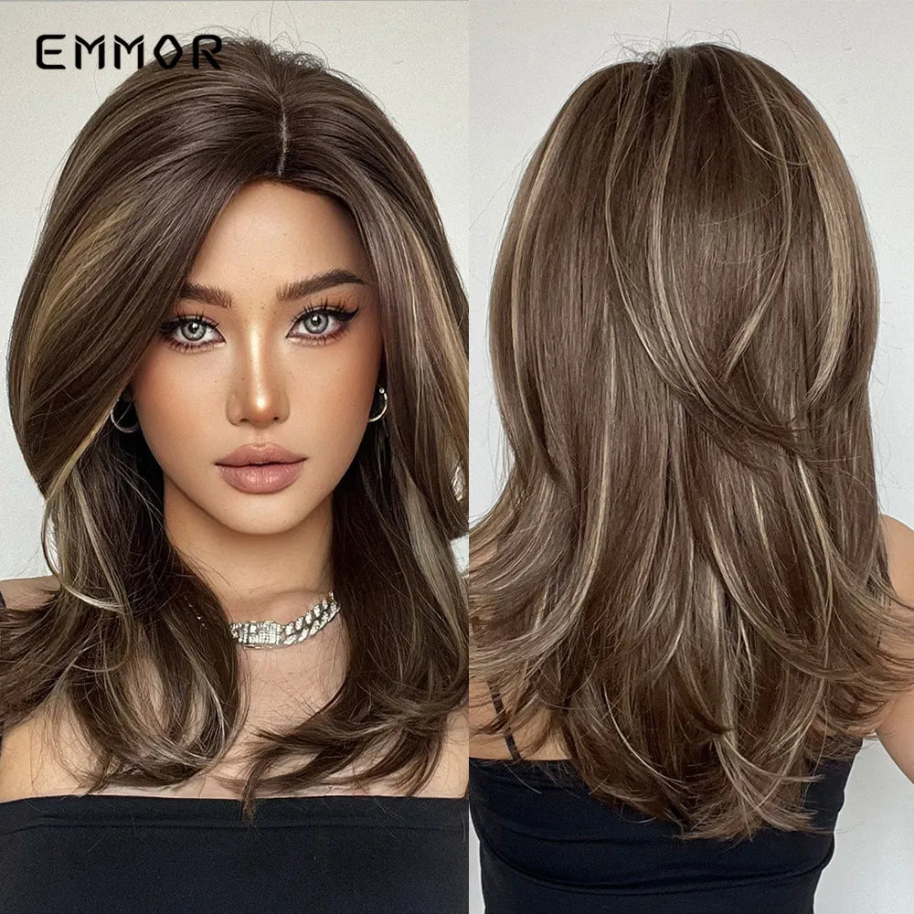 Emmor Synthetic Wigs Ombre Pink Brown Wig With Bangs Layered Hair Cosplay Daily Party Natural Heat Resistant Wigs for Women