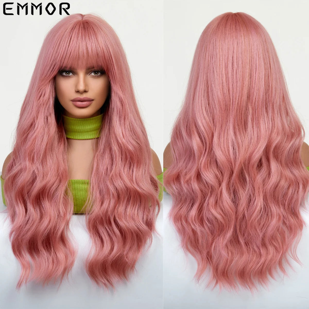 Emmor Synthetic Colorful Long Wavy Wig with Bangs for Women Cosplay Natural Highlight Brown Hair Wig High Temperature Fiber Hair