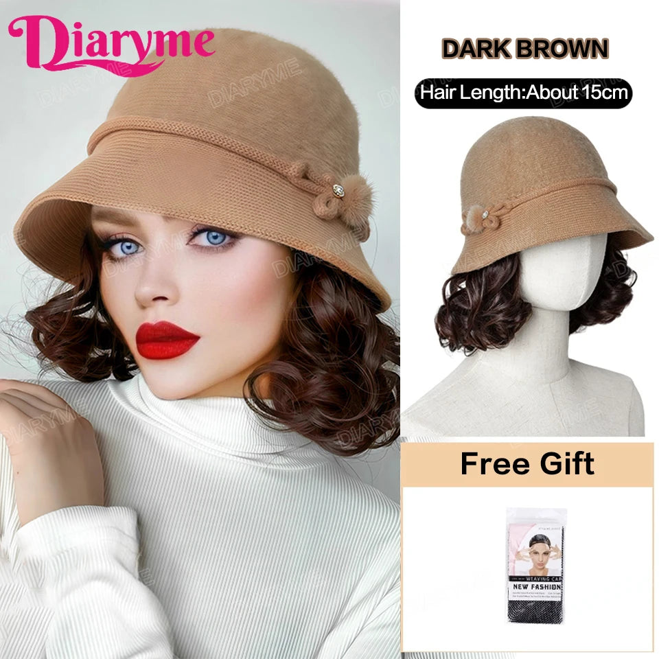 Hat Wig Women's Fashion Synthetic One-piece Bow Fisherman's Hat Wig Lazy Thick Warm Wool Short Curly Hair With Hat For Women Mom