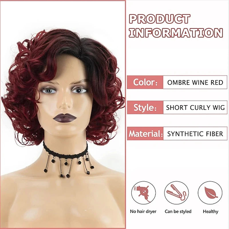 Short Burgundy Curly Wigs