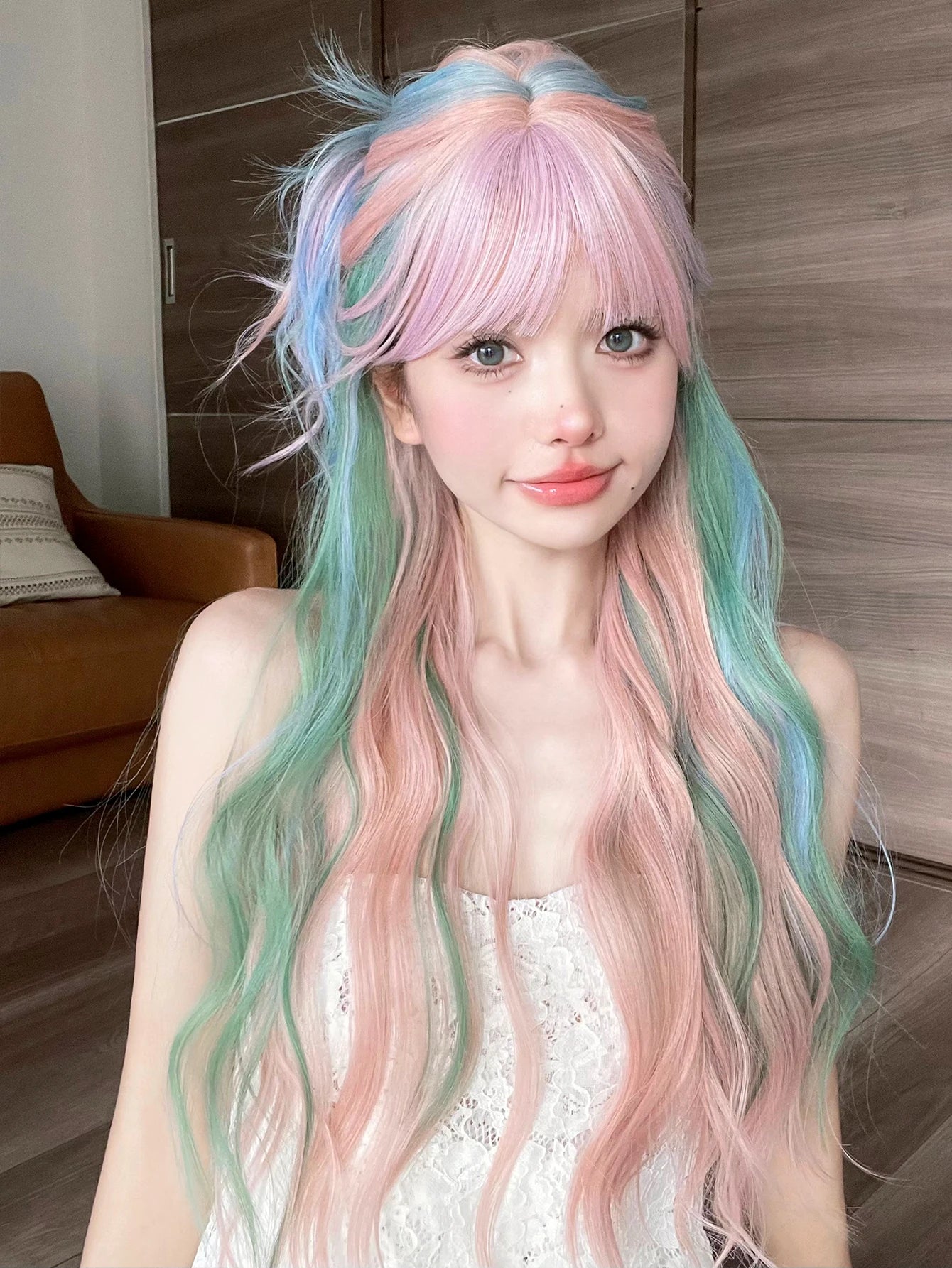 28Inch Iridescent Rainbow Color Multicolor Synthetic Wig