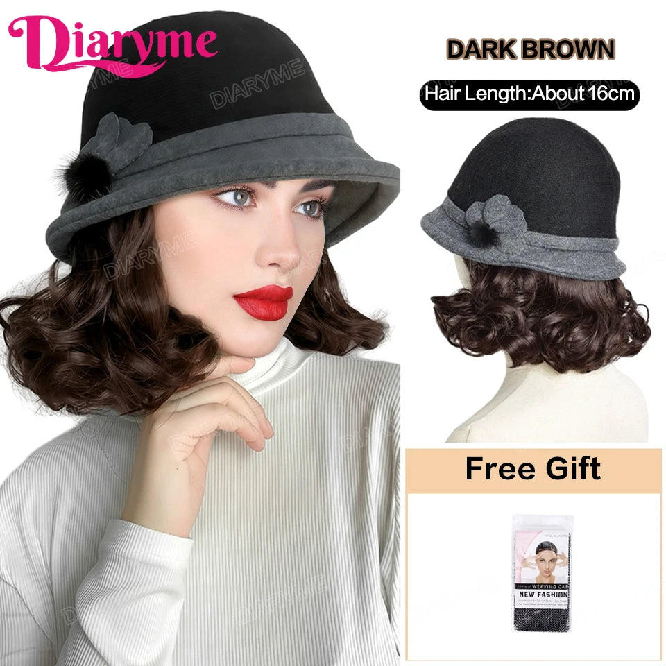 Hat Wig Women's Fashion Synthetic One-piece Bow Fisherman's Hat Wig Lazy Thick Warm Wool Short Curly Hair With Hat For Women Mom