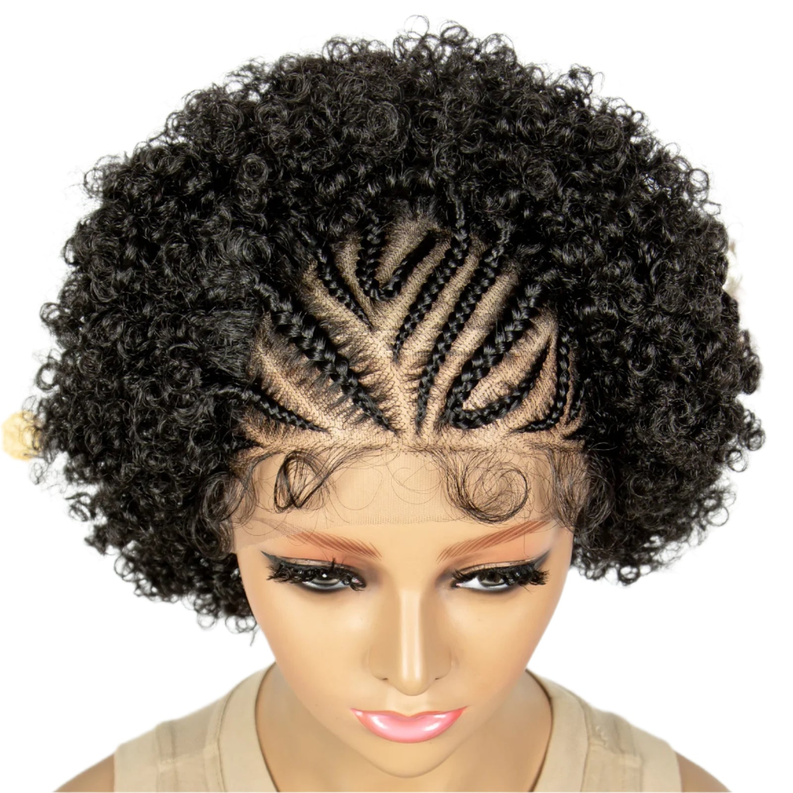 Kima 13*4 Lace Frontal Braided Wigs Synthetic Afro Kinky Curly Bob Half Cornrow Braided Wigs 8 inches