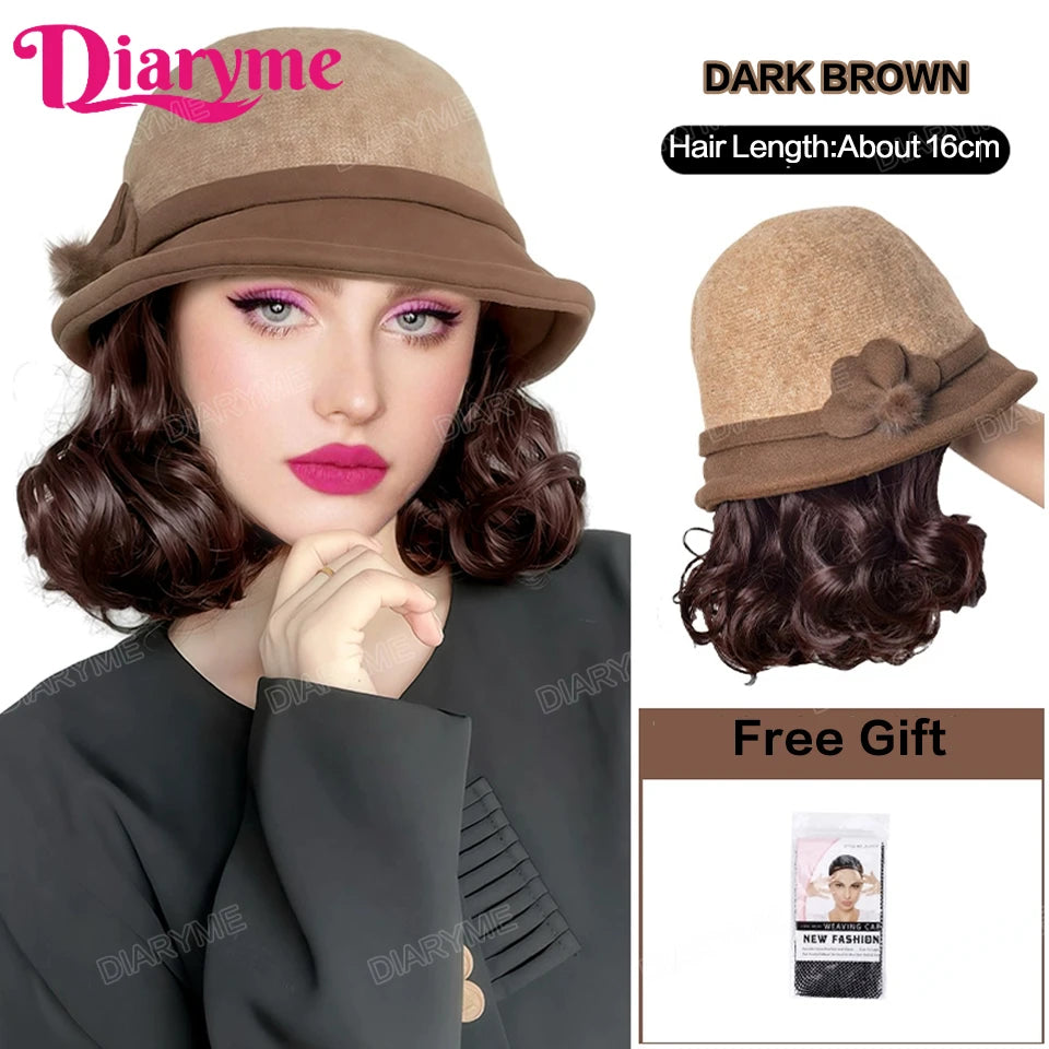 Hat Wig Women's Fashion Synthetic One-piece Bow Fisherman's Hat Wig Lazy Thick Warm Wool Short Curly Hair With Hat For Women Mom