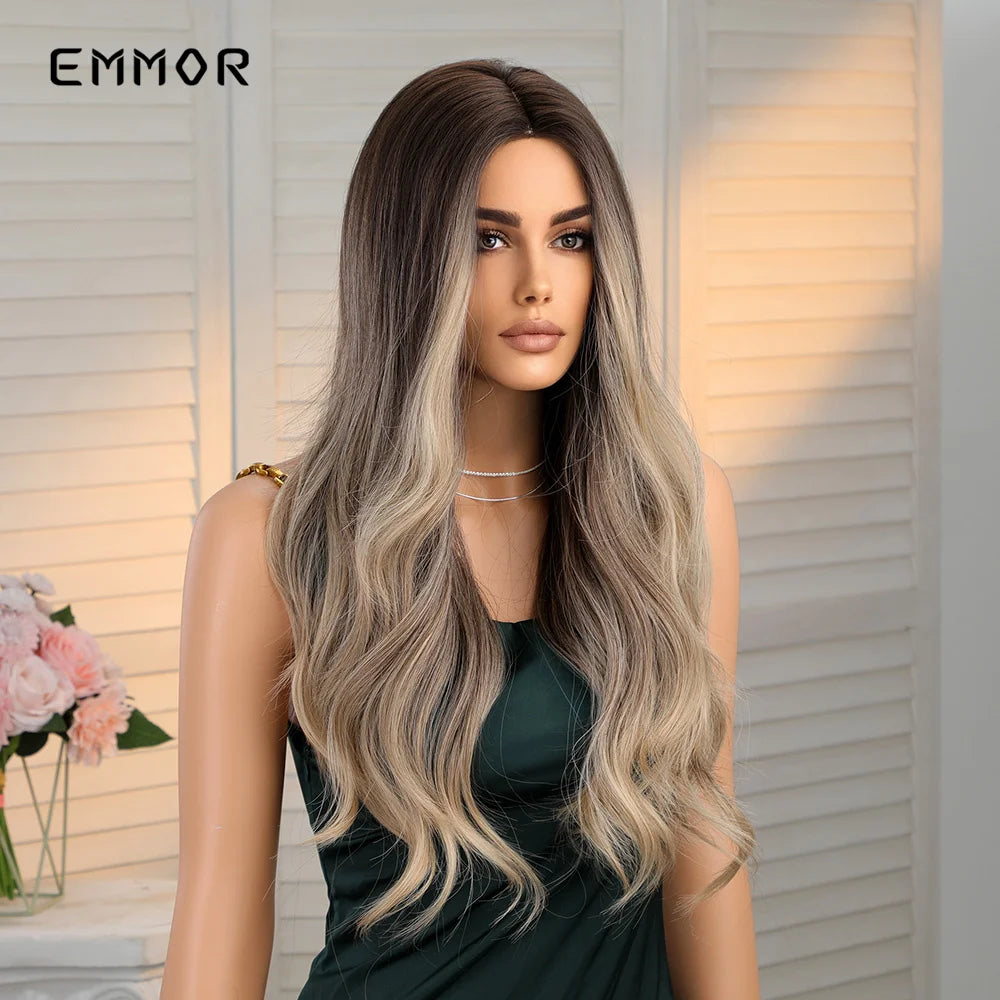 Emmor Ombre Brown Blonde Hair Wig Long Wavy Wigs for Woman Cosplay Natural Good Quality Synthetic WIg High Temperature Fiber