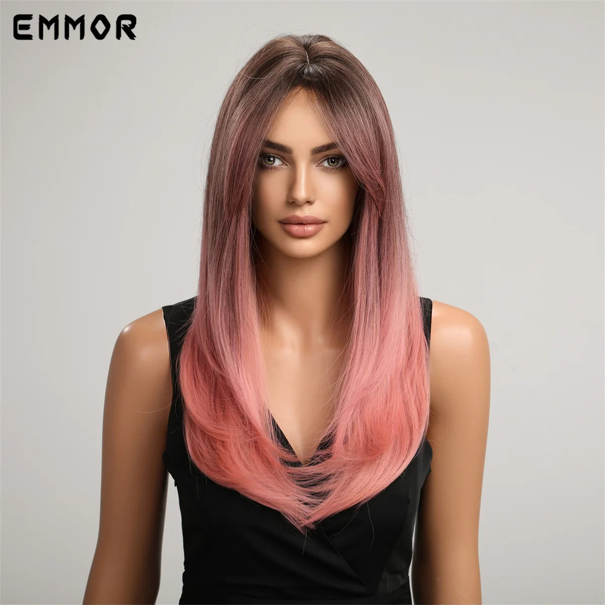 Ombre Black Pink Wig With Bangs
