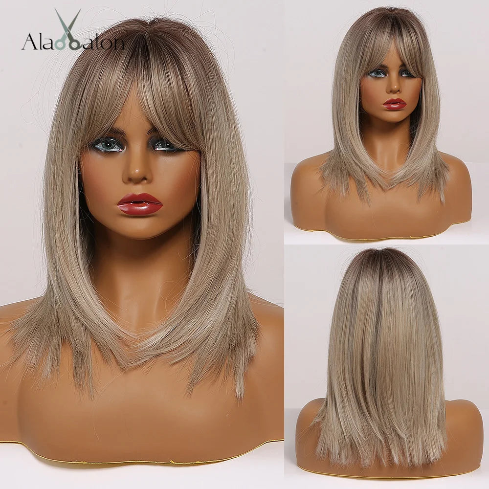 Blonde Layered Synthetic Wigs with Bangs Straight Short Highlights  Wig