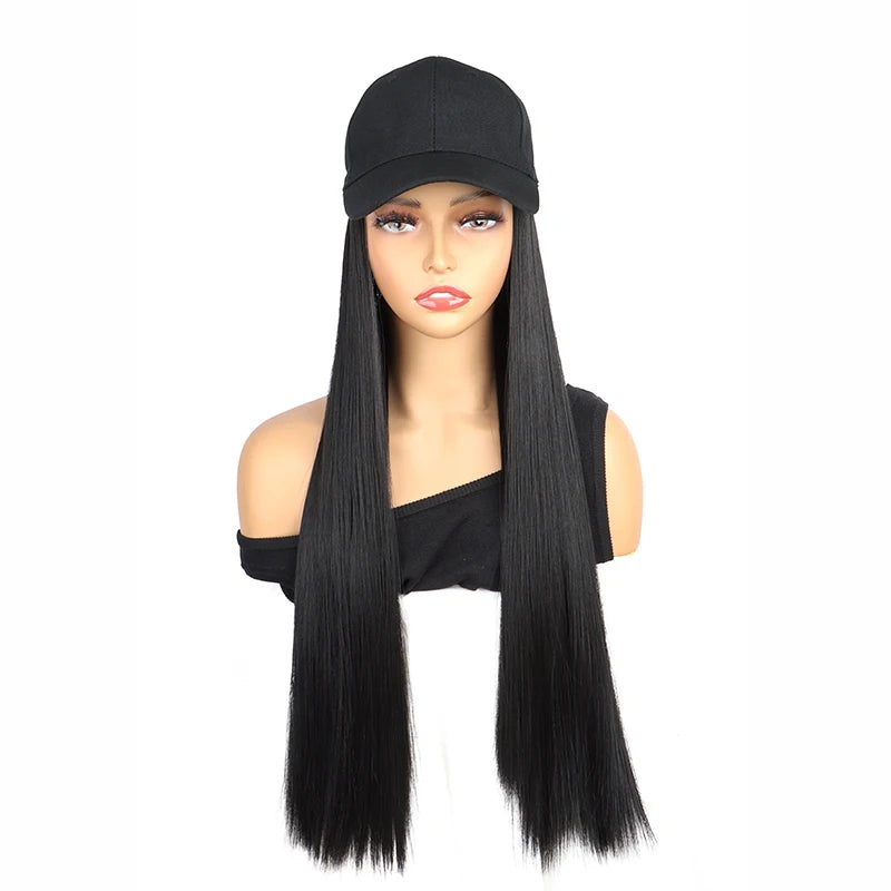 24Inch Synthetic Long Straight Baseball Hat Adjustable Wig Black Brown Hairpiece for Women